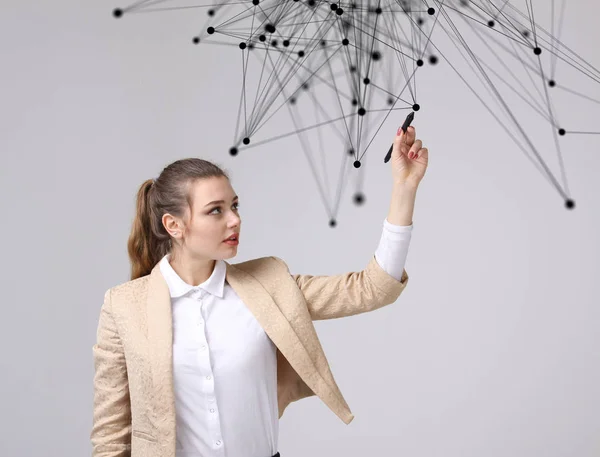 Worldwide network or wireless internet connection futuristic concept. Woman working with linked dots.