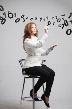 Woman working with binary code, concept of digital technology. clipart