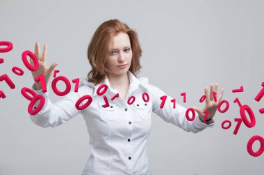 Woman working with binary code, concept of digital technology. clipart