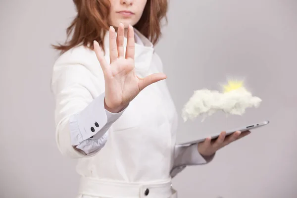 Woman with cloud and sun. Concept on the topic of computer cloud services. — Stock Photo, Image