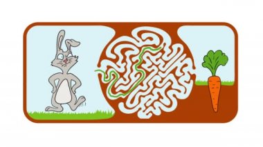 Labirent puzzle için çocuklar ile tavşan ve havuç, Labirent illüstrasyon çözüm ile.