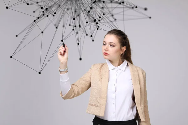 Concepto futurista de red mundial o conexión inalámbrica a Internet. Mujer trabajando con puntos vinculados . — Foto de Stock