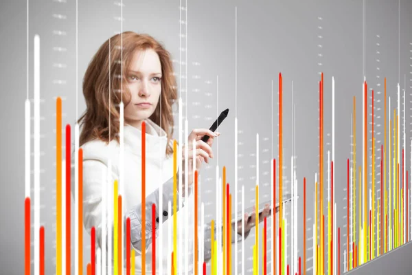 Concepto de datos financieros. Mujer trabajando con Analytics. Gráfico gráfico de información en pantalla digital . — Foto de Stock