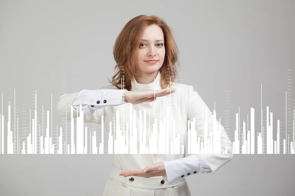 Finance data concept. Woman working with Analytics. Chart graph information on digital screen. — Stock Photo, Image