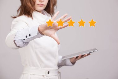Five star rating or ranking, benchmarking concept. Woman assesses service, hotel, restaurant clipart