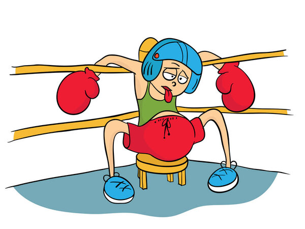 Уставший боксер в шлеме и перчатках отдыхает в углу ринга
.