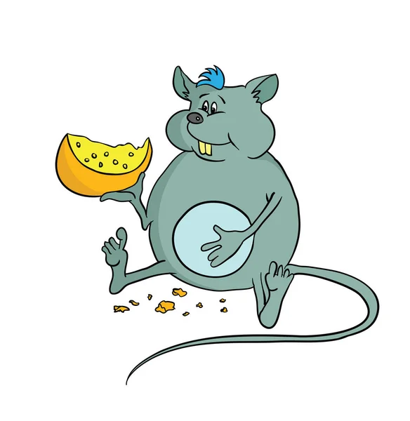 Glücklich fette Maus hält ein Stück Käse, Vektorillustration. — Stockvektor