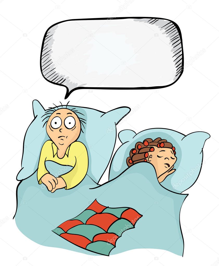 Man and woman in bed. Concept on the topic of insomnia, or erectile dysfunction, problems between the spouses. Vector illustration.