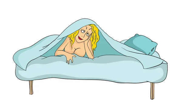 Hübsche nackte Frau schaut unter den Decken hervor, auf dem Bett liegend. Vektorillustration. — Stockvektor