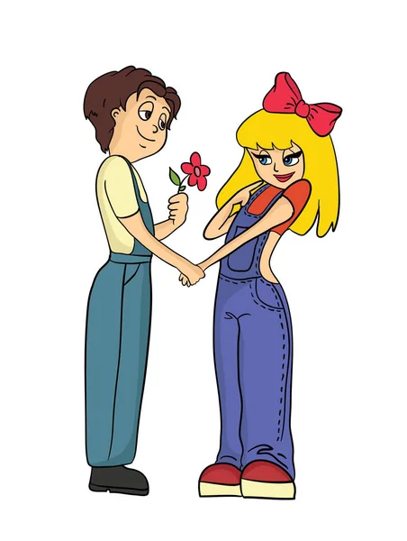 Cartoon Junge gibt einem Mädchen Blume, Vektorillustration — Stockvektor