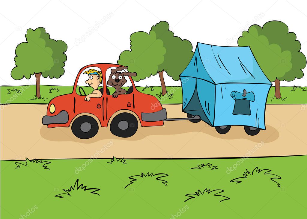 The trailering. Driver with a dog ride in the car with a tent on the trailer. Cartoon vector illustration.
