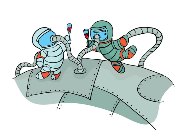 Due cosmonauti che bevono vino nello spazio. Divertente immagine al giorno della cosmonautica. Illustrazione vettoriale, isolata su sfondo bianco . — Vettoriale Stock