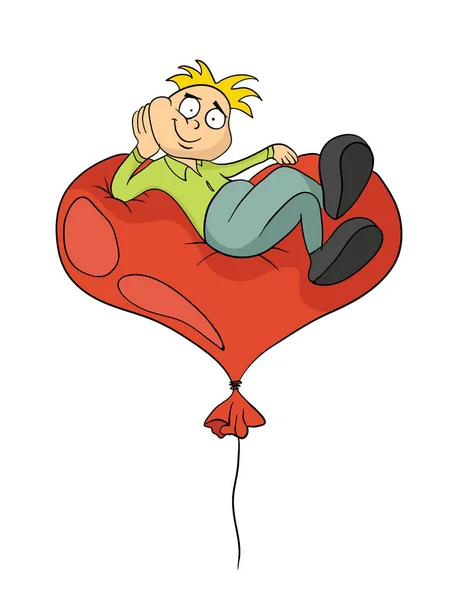 Cartoon happy man lies on red heart shape balloon. Vector illustration. — Stock Vector