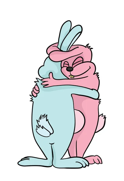 Two cute hugging cartoon rabbits or hares, vector illustration, isolated on white. — Stock Vector