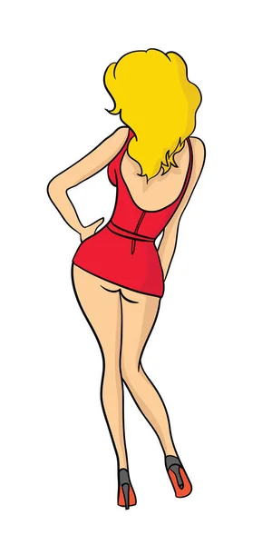 Sexy cartoon meisje in een minirok, van achteren gezien. Vectorillustratie, geïsoleerd op wit. — Stockvector