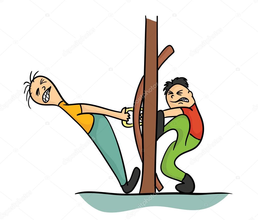 Two cartoon character trying to open the door, vector illustration