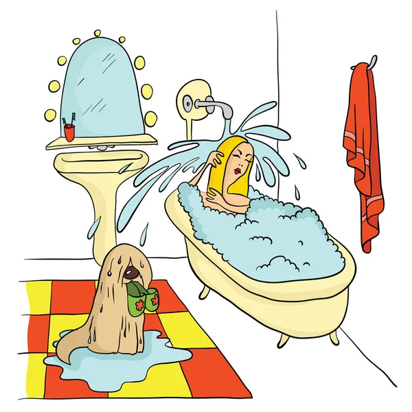 Chica acostada en el baño bajo el agua corriente, El perro está sosteniendo en sus dientes zapatillas. Ilustración vectorial . — Vector de stock
