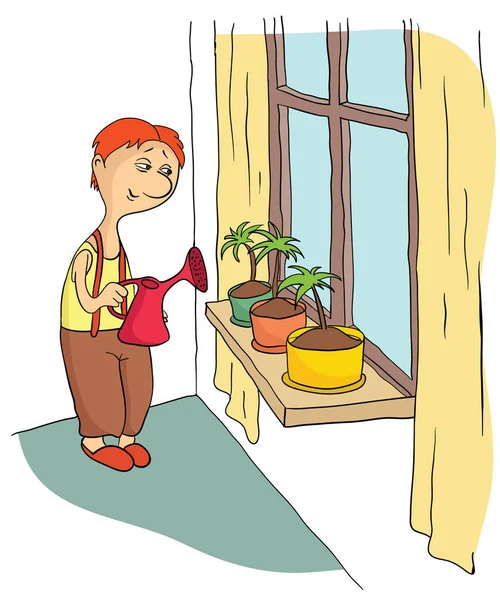Young man watering flowers standing on the window sill. Vector illustration. — Stock Vector