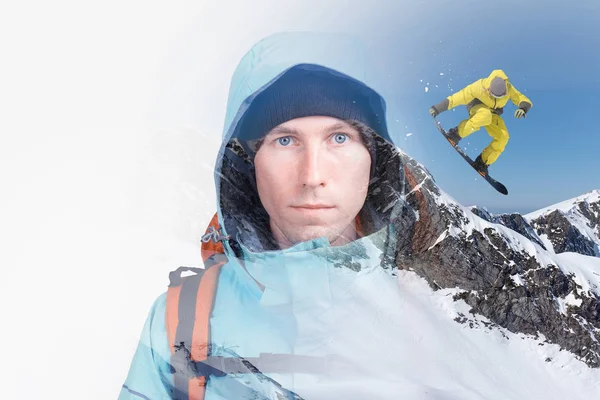 雪の降る冬の山の若い成人男性スノーボーダー。二重露出効果写真 — ストック写真