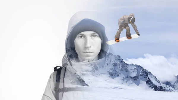 Dvojitá expozice efekt fotografie. Tvář mladého muže s batohem a horské zimní krajina s skákání snowboardista. — Stock fotografie