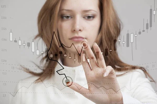 Finance data concept. Woman working with Analytics. Chart graph information with Japanese candles on digital screen. — Stock Photo, Image