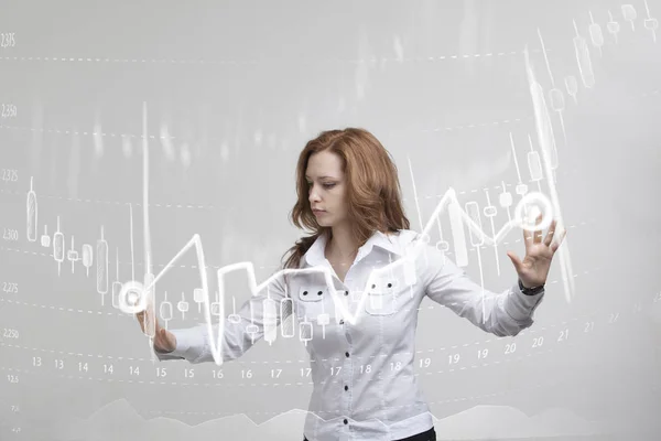 Finanzierungsdatenkonzept. Frau, die mit Analytik arbeitet. Diagramminformation mit japanischen Kerzen auf digitalem Bildschirm. — Stockfoto