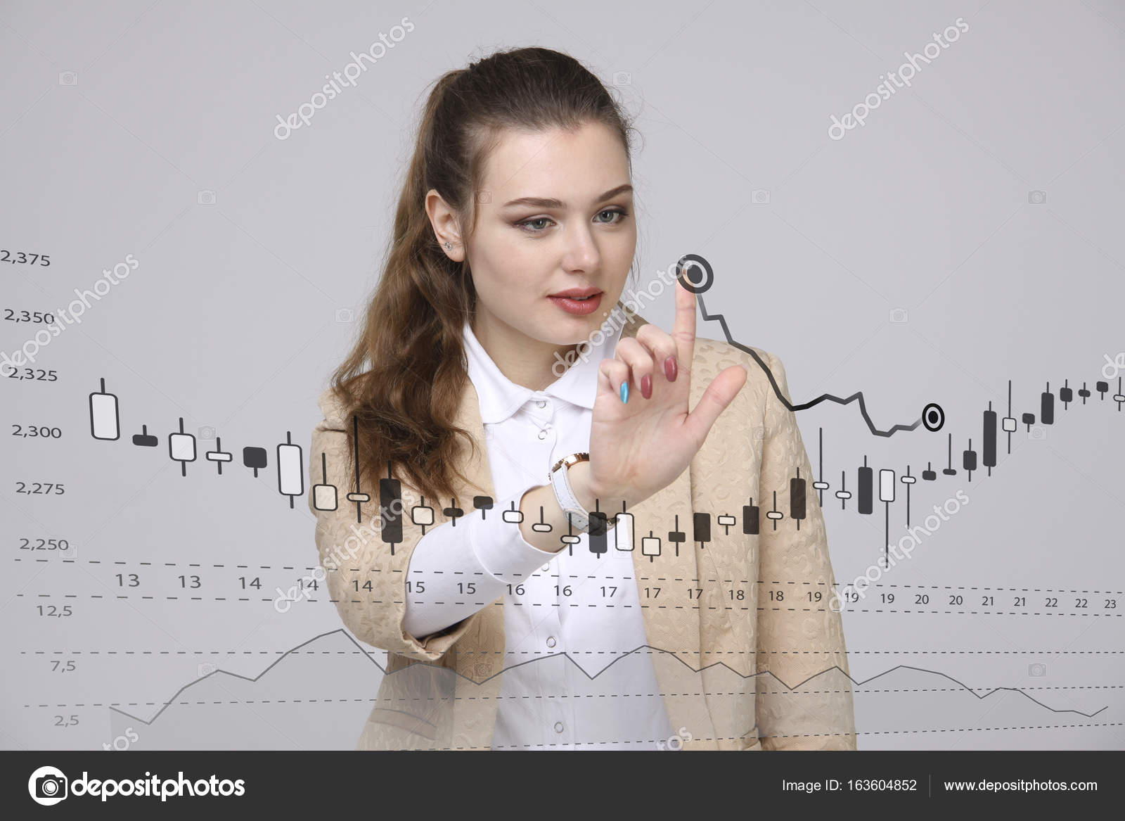 金融数据的概念。女人与分析工作。与日本蜡烛数字屏幕上的图表图形信息. ——图库图片© wasja #163604852