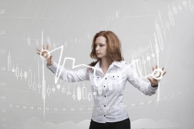 Finans veri kavramı. Analytics ile çalışan kadın. Japon mum ile grafik grafik bilgilerini dijital ekranda.
