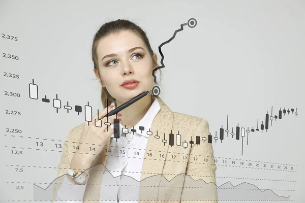 Finance data concept. Woman working with Analytics. Chart graph information with Japanese candles on digital screen. — Stock Photo, Image