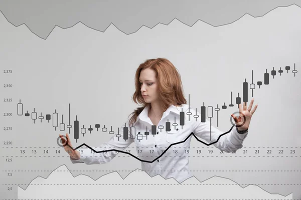 Finance data concept. Woman working with Analytics. Chart graph information with Japanese candles on digital screen. — Stock Photo, Image