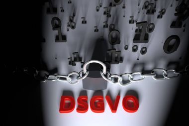 Dsgvo, Gdpr, konsept illüstrasyon'in Almanca sürümü. Genel veri koruma Yönetmeliği, kişisel verilerin korunması. Veri ve kilidi ile zincir. 3D render illüstrasyon.