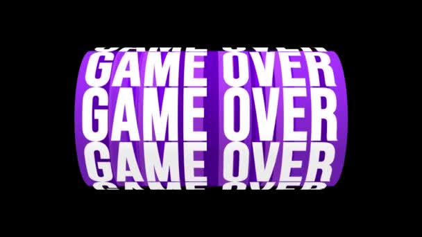 Digitale animatie van Game Over tekst roteren op geanimeerde Cg cilinder vorm met paars gestreepte patroon. 3d weergave op zwarte achtergrond. — Stockvideo