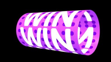 Win kelimesinin dijital animasyonu mor çizgili desenli animasyon Cg silindir şeklinde dönüyor. 3d oluşturma.