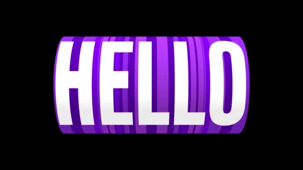 Hello 라는 단어의 디지털 애니메이션은 보라색 줄 무늬가 있는 애니메이션 CG 실린더 모양으로 회전합니다. 검은 배경 위 의 3D 렌더링. — 비디오