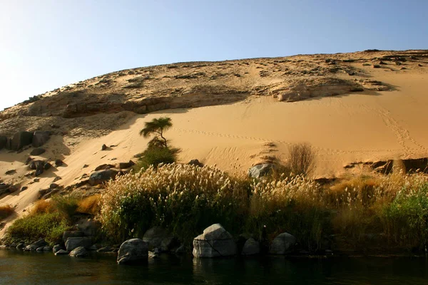 Bank és a Nílus, Aswan, Egyiptom közelében dune. 2005. január, — Stock Fotó