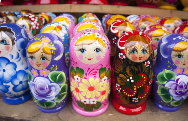 Matryoshkas with miniature painting (nested doll) at the flea market Izmailovo. Moscow, Russia. March, 2017