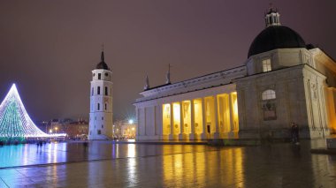 Vilnius, Litvanya: Cathedral Square-geceleri ile soldan sağa doğru: Işıklı Noel ağacı, çan kulesi (katedral Saat Kulesi) ve katedral - ıslak kaldırım üzerine düşünceler