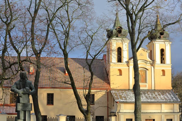 VILNIUS, LITHUANIA - JANUARY 3, 2017: The statue of Laurynas Stuoka Gucevicius and the Holy Cross (Bonifratres) Church — Stock Photo, Image