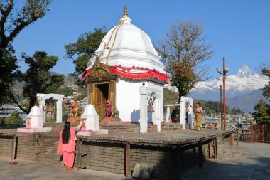 Pokhara, Nepal - 9 Ocak 2015: Bindhya Basini tapınak içinde belgili tanımlık geçmiş Himalaya Dağları (Machapuchare tepe) ile