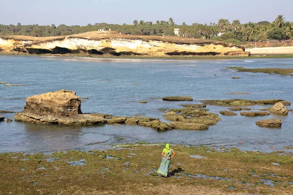 Diu, Indien - januari 10, 2014: Färgglada kvinna vid havet i Diu Island — Stockfoto