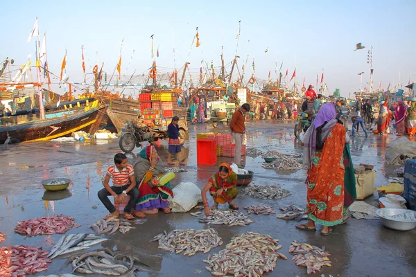 DIU, INDIA - 8 DE ENERO DE 2014: Puerto pesquero de Vanakbara en la isla de Diu — Foto de Stock