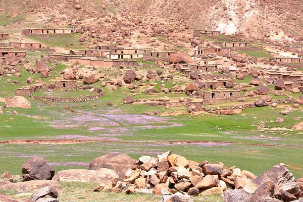 MOROCCO: Ovelha perto de Sirwa pico nas montanhas Atlas com arquitetura berbere — Fotografia de Stock