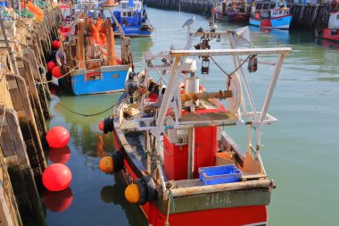 Whitstable, İngiltere - 15 Ekim 2017: Balıkçılık liman renkli balıkçı tekneleri ile