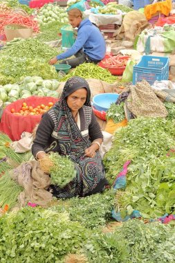 Jaipur, Rajasthan, Hindistan - 06 Aralık 2017: Renkli sebze pazarı şehir Palace yakınındaki 