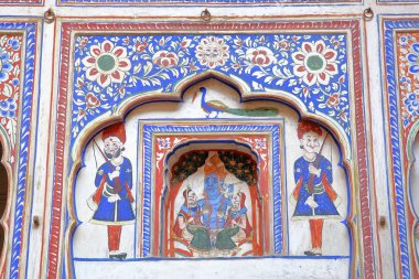 Nawalgarh, Rajasthan, Hindistan - 25 Aralık 2017: ayrıntılarını Morarka Haveli içinde Resim Sergisi
