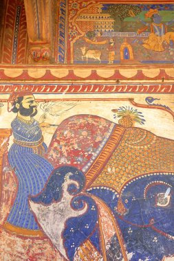 Mandawa, Rajasthan, Hindistan - 27 Aralık 2017: Goenka Çift Kişilik Haveli, duvar resimlerinin Ayrıntılar