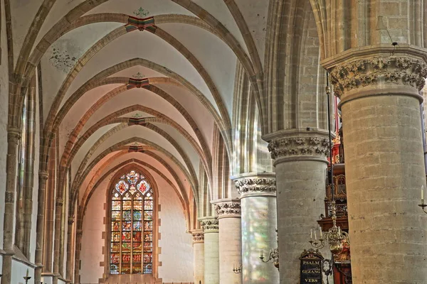 荷兰哈莱姆 2019年11月29日 圣巴沃科克教堂的内部 有彩色玻璃和圆柱与拱门的装饰 — 图库照片