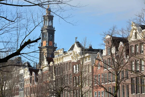 Amsterdam Hollanda Keizersgracht Kanalı Boyunca Uzanan Arka Planda Westerkerk Kilisesinin — Stok fotoğraf