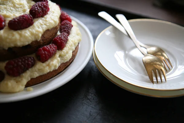 Deliziosa torta con crema pasticcera e lampone fresco — Foto Stock