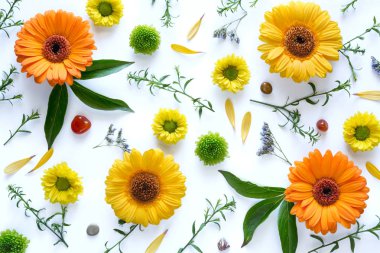 Renkli çiçek ve beyaz zemin üzerine yeşil yaprakları ile bahar aranjman. Yukarıdan görüntülemek.